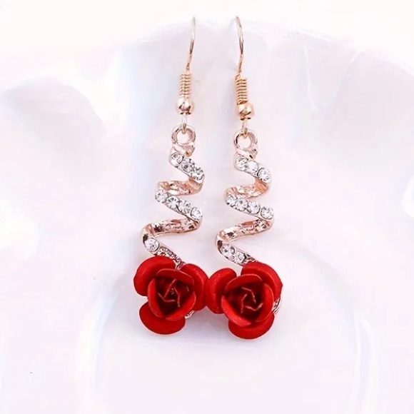Jewelry - Rose Gold Toned Diamond and Rose Dangle Earrings